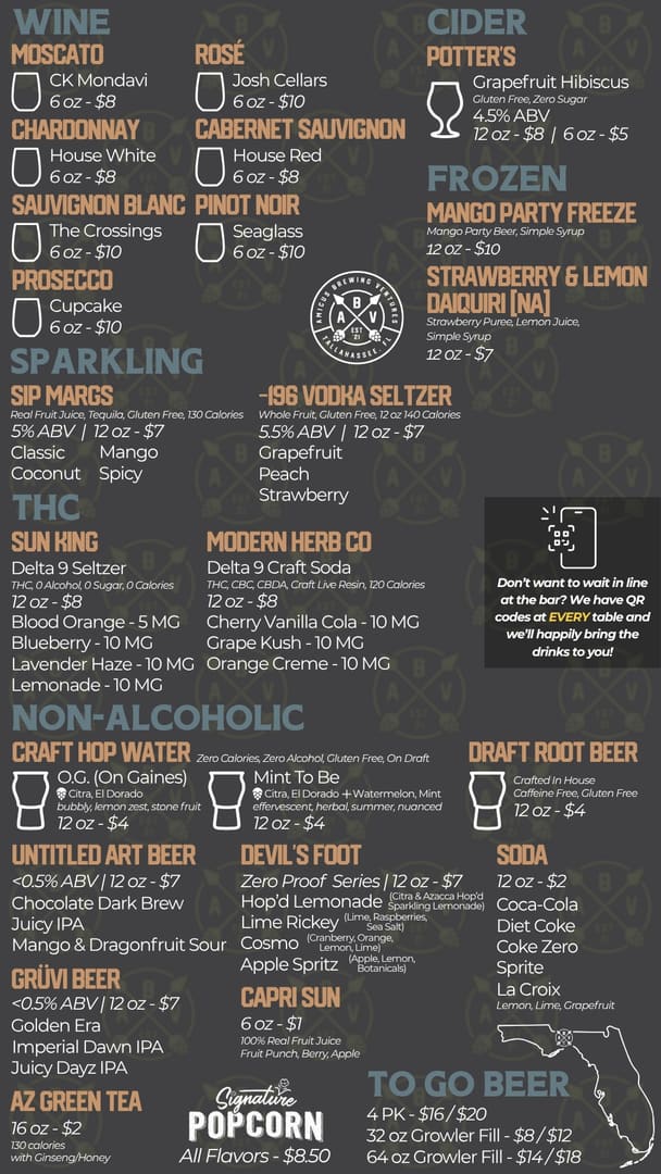 The right taproom board, listing wine, cider, frozen drinks, seltzers, THC drinks, non-alcoholic drinks and beer to go.