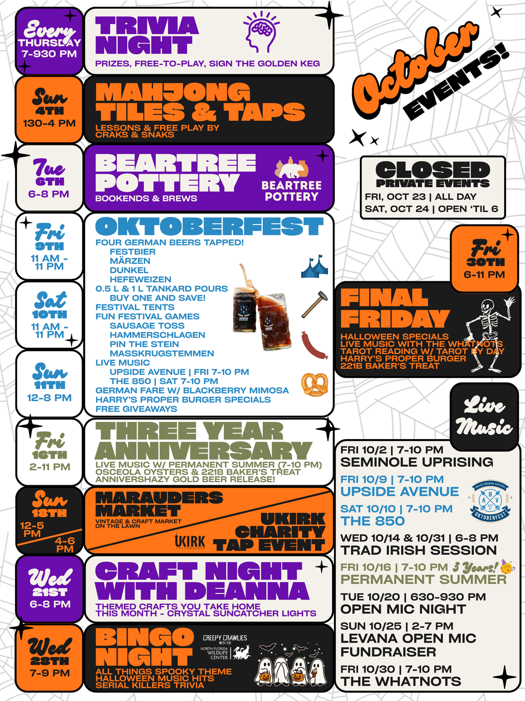 The taproom's printed calendar of events for October 2026.