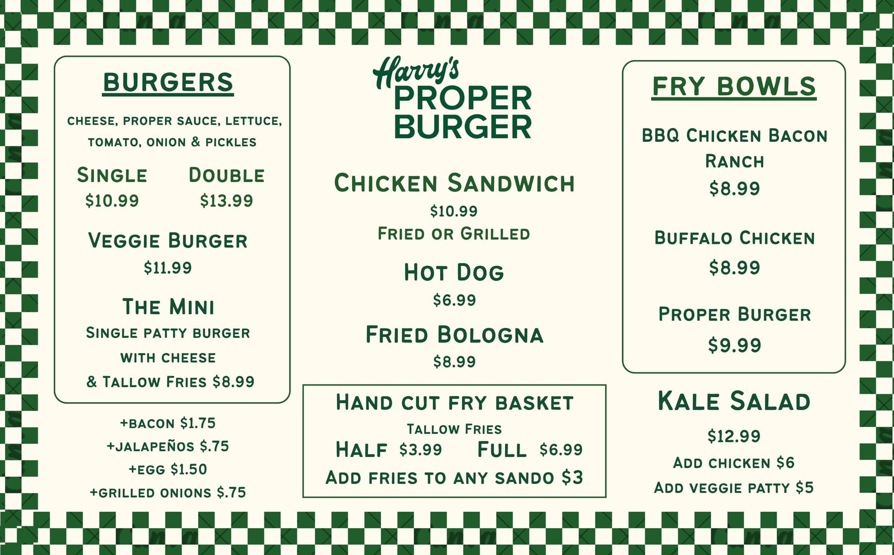 Harry's Proper Burger's printed menu board in dark green on cream, with a chequered border.