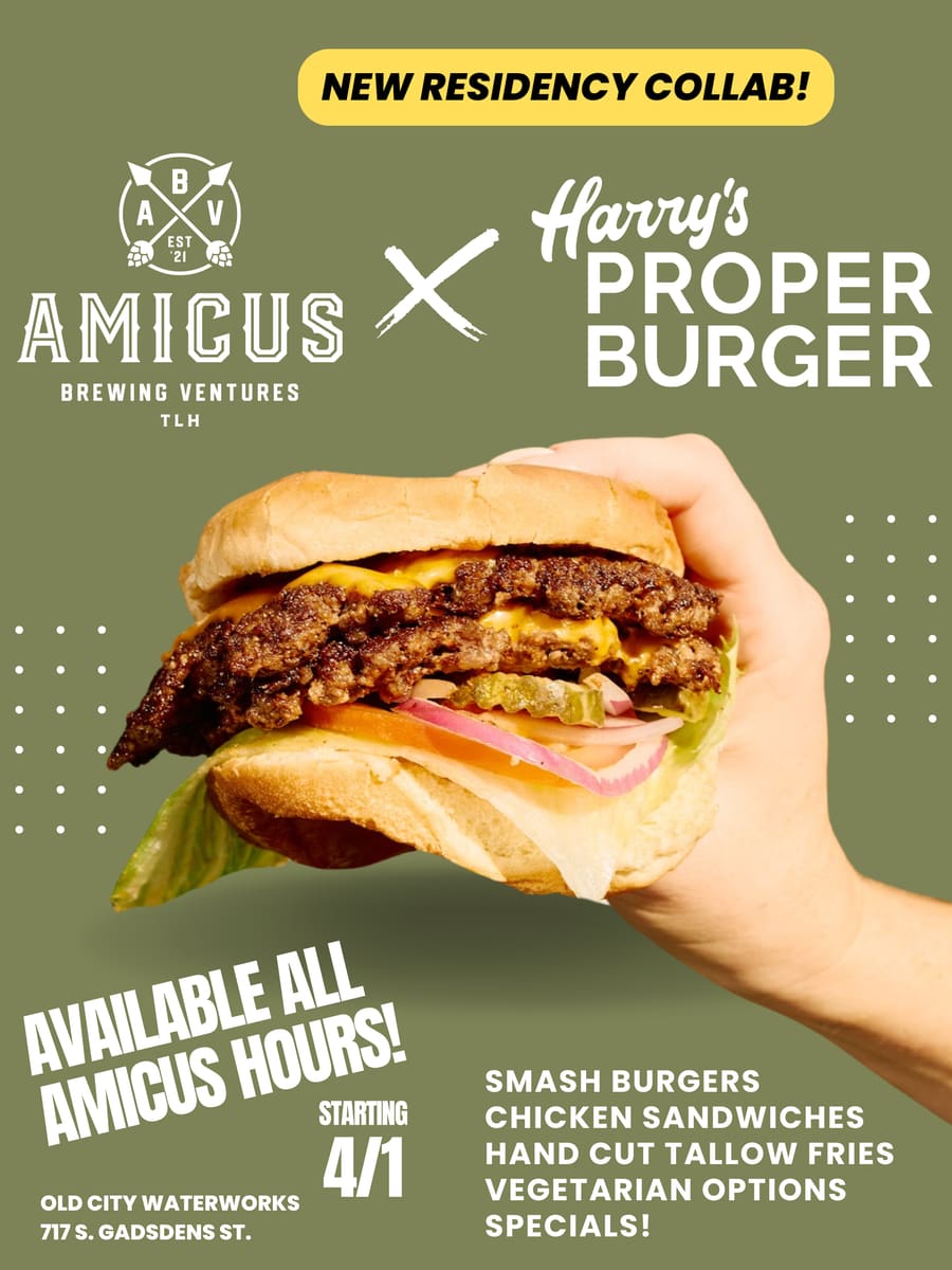 The Amicus and Harry's Proper Burger marks together on a dark poster.