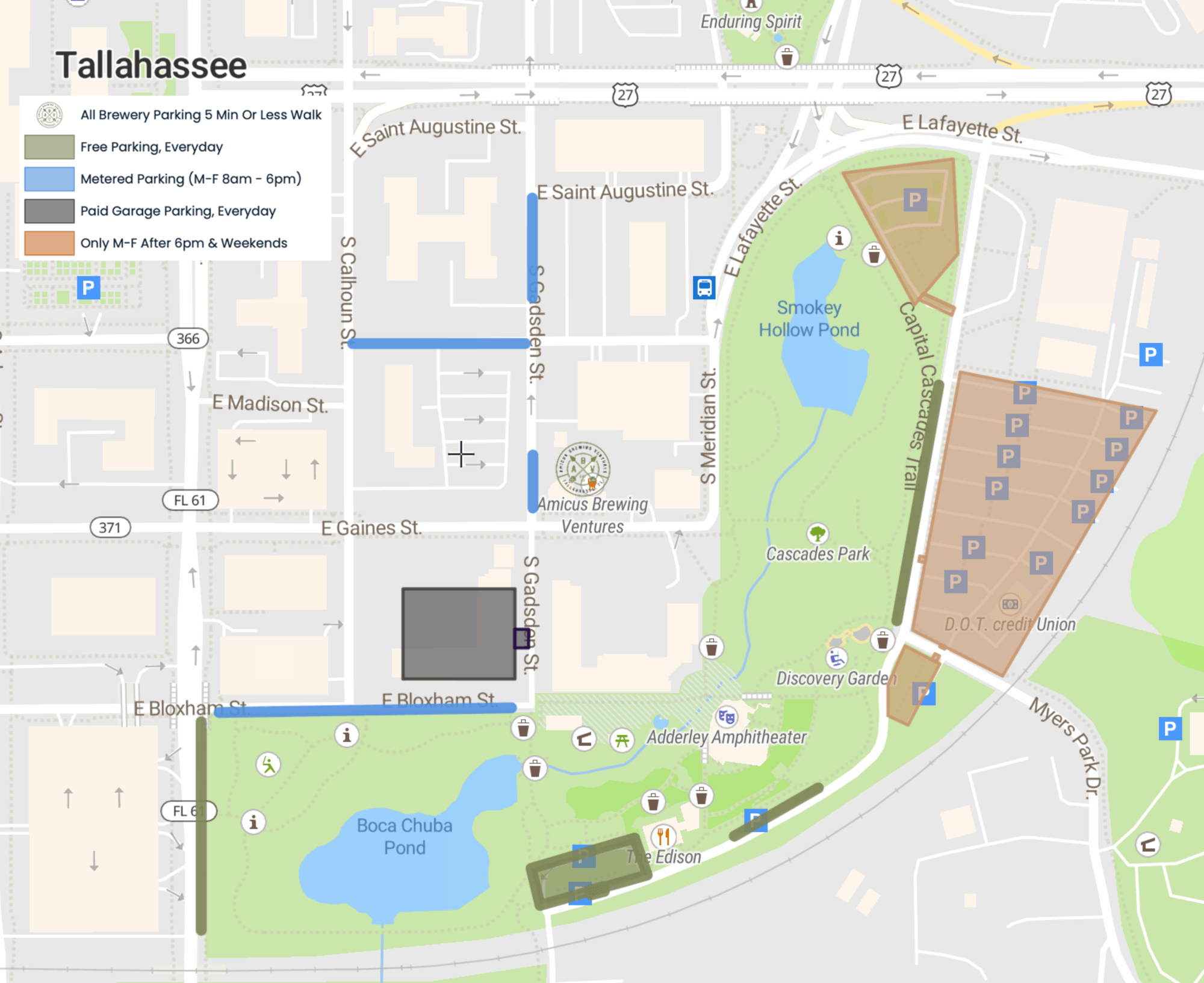 A colour-coded map of the blocks around the brewery and Cascades Park, marking free, metered, garage and park parking.