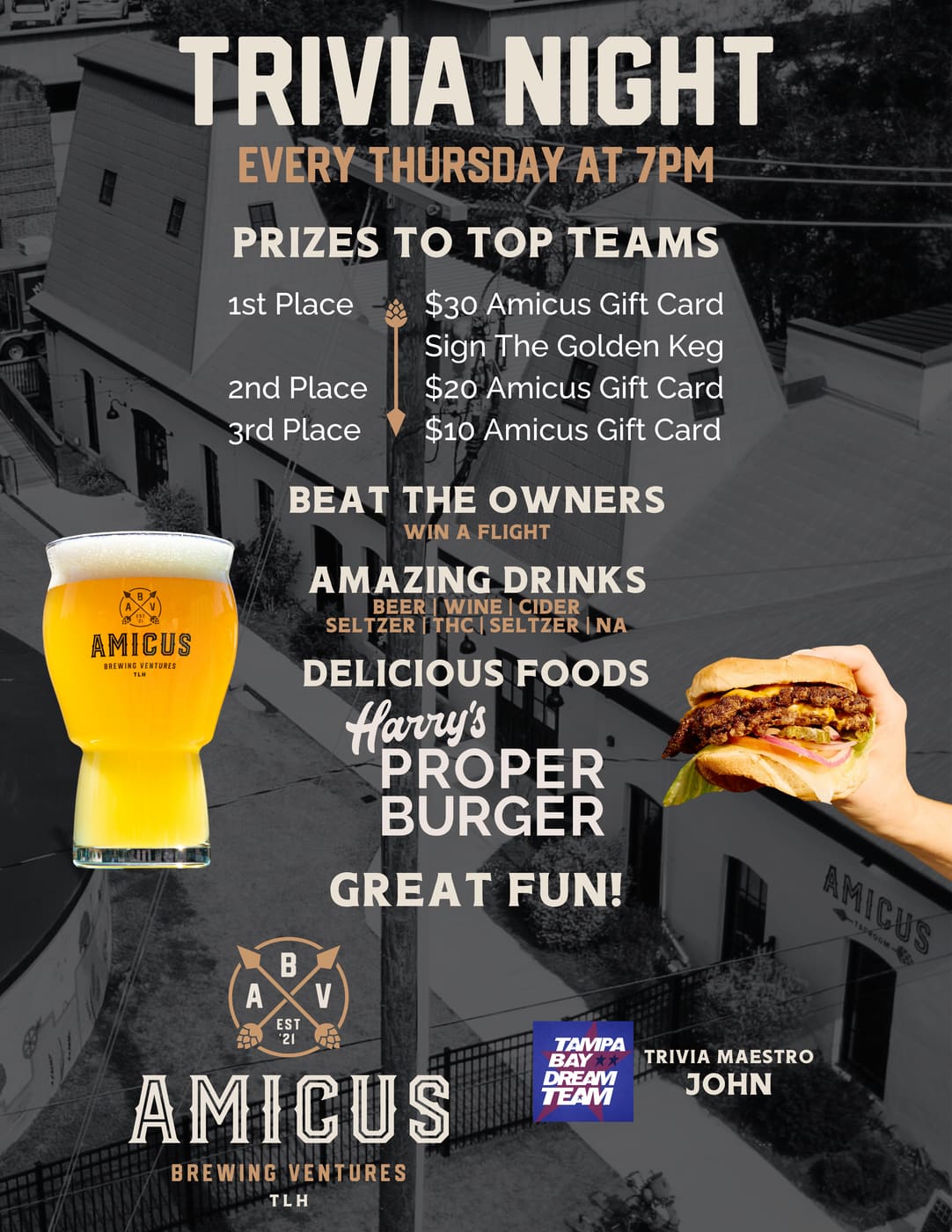 The trivia night poster over an aerial photograph of the brewery, listing the 7 PM start and the gift-card prizes.