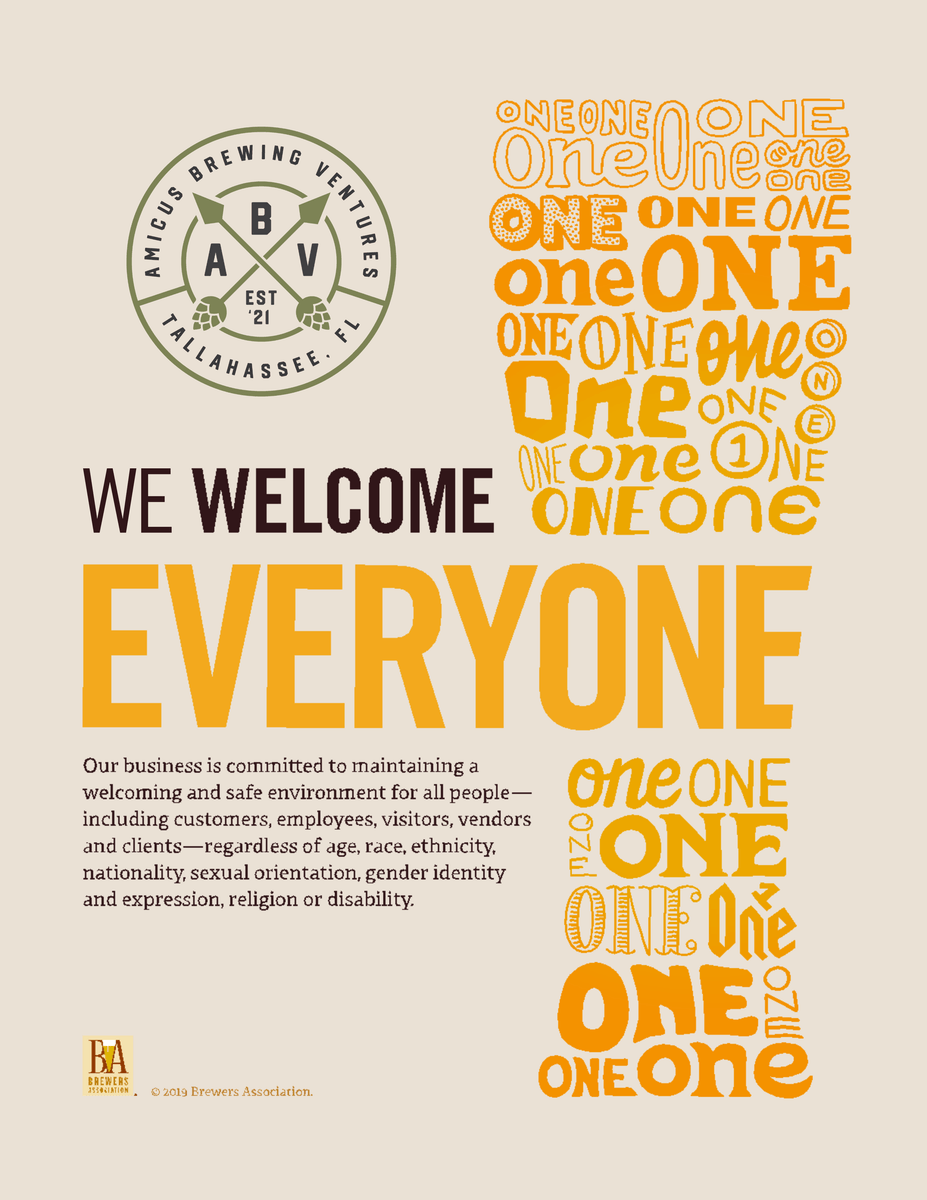 The Brewers Association “We Welcome Everyone” poster, with the word one repeated in the shape of a full glass.